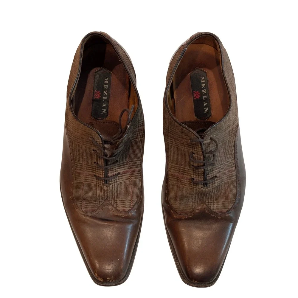 Mezlan Mens Brown Leather Glen Plaid Fabric Wingtip Oxford Dress Shoes 10 M‎